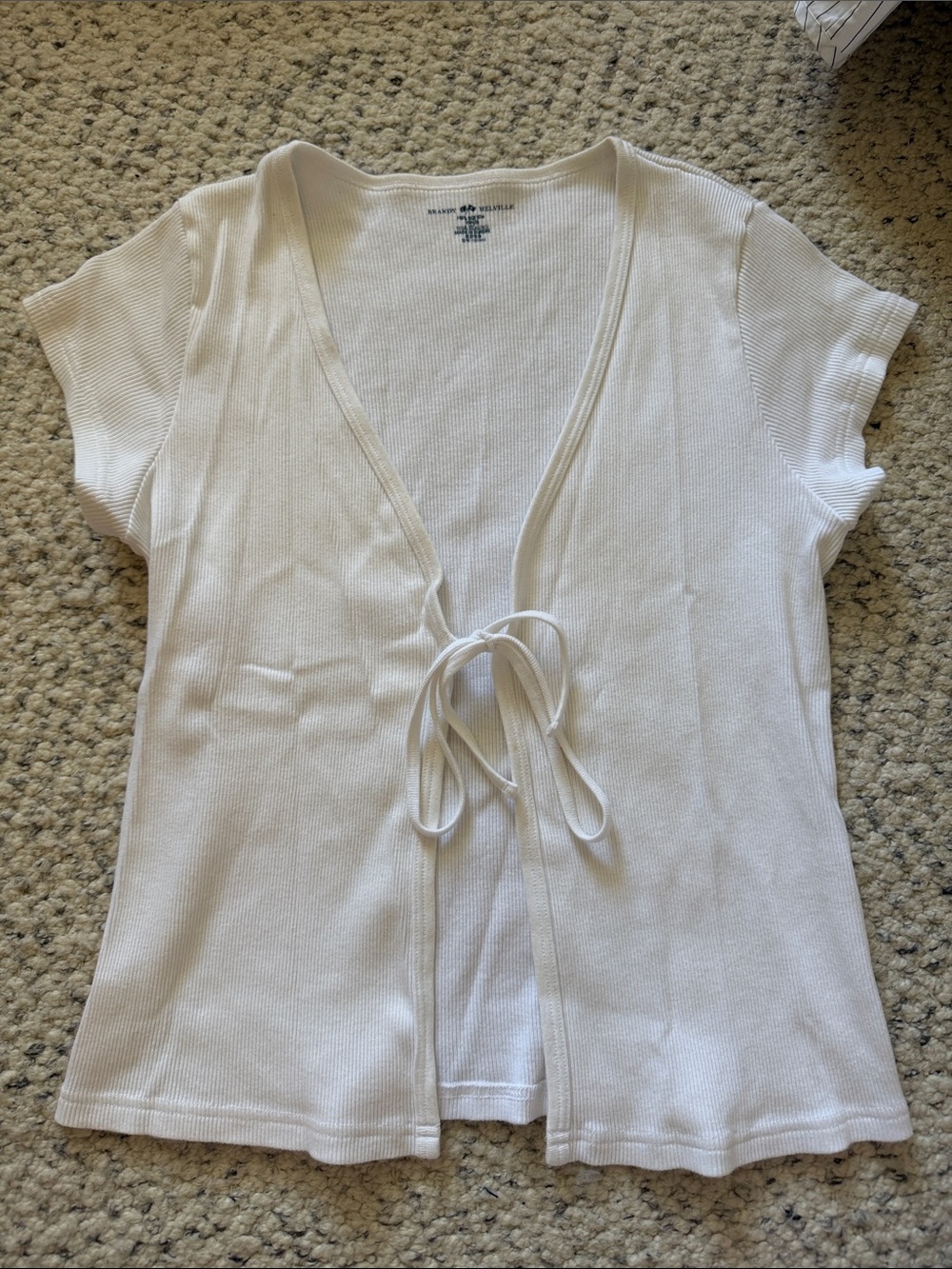 Brandy Melville White Tie-Front Ribbed Short Sleeve Tunic